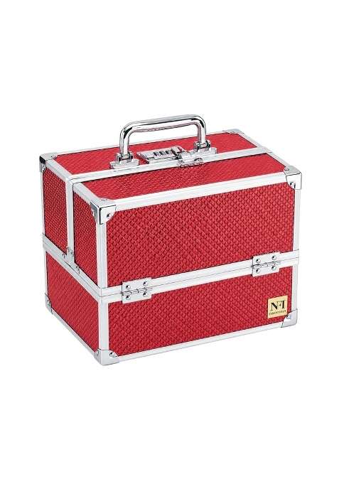 NFI Essentials Red Makeup Vanity Box for Women Professional Cosmetic Organizer Case with Lock and Multi Layer