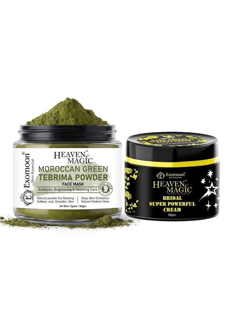 Exomoon Moroccan Green Tebrima Powder and Bridal Glowing Cream Combo for Face for Glowing Skin Oil Control - Indya