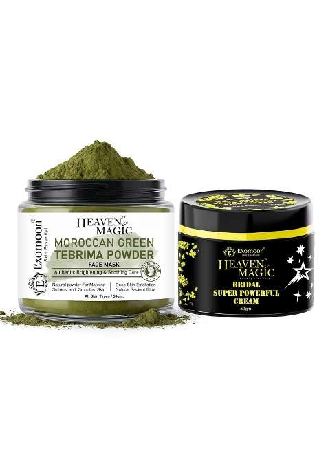 Exomoon Moroccan Green Tebrima Powder and Bridal Glowing Cream Combo for Face for Glowing Skin Oil Control