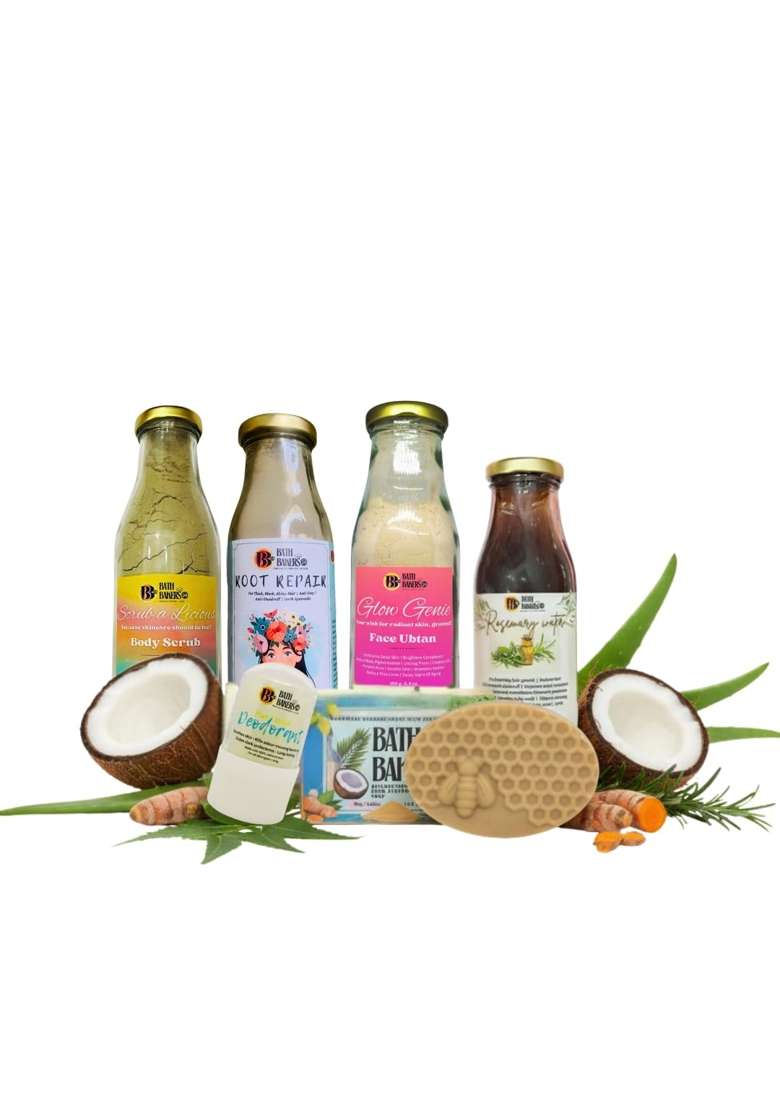 Bath Bakers 24 Womens Complete Skincare Kit Body Scrub Hair Mask Shampoo Face Ubtan Rosemary Water - Indya