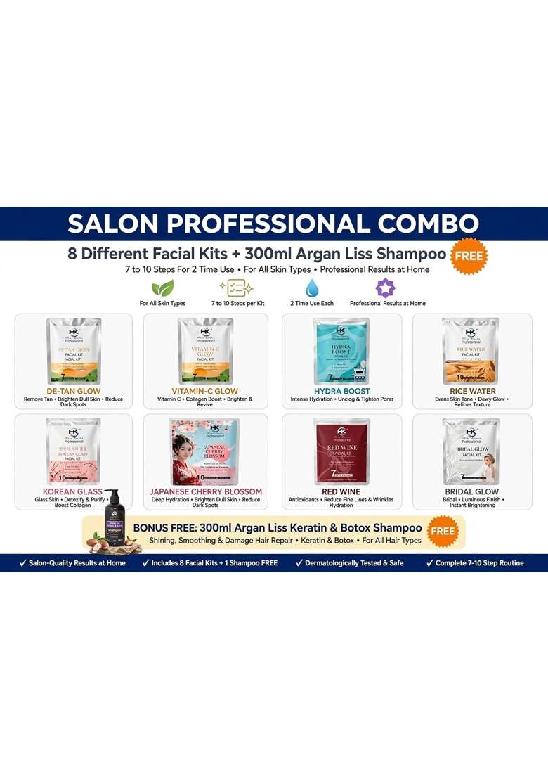 Home Keratin Professional Salon Combo 8 Different Facial Kits Plus Free 300ML Argan Liss Keratin Shampoo - Indya