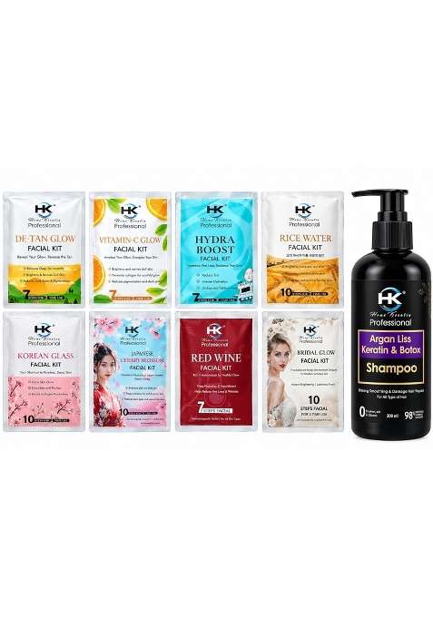 Home Keratin Professional Salon Combo 8 Different Facial Kits Plus Free 300ML Argan Liss Keratin Shampoo