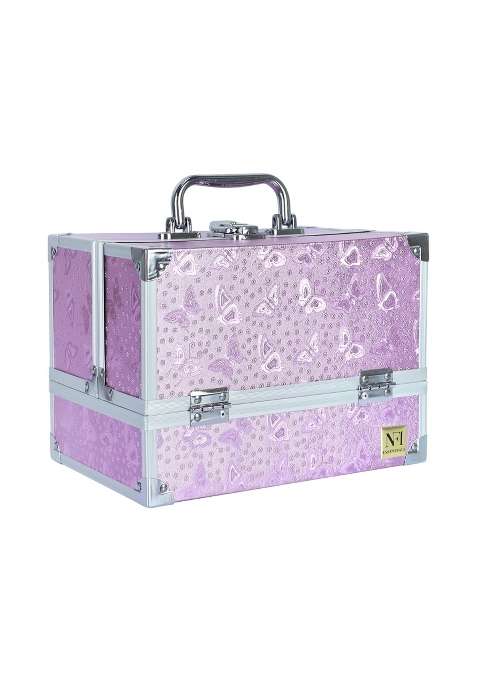 NFI Essentials Pink Cosmetic Storage Box Lockable Makeup Train Case Portable Aluminum Vanity Organizer