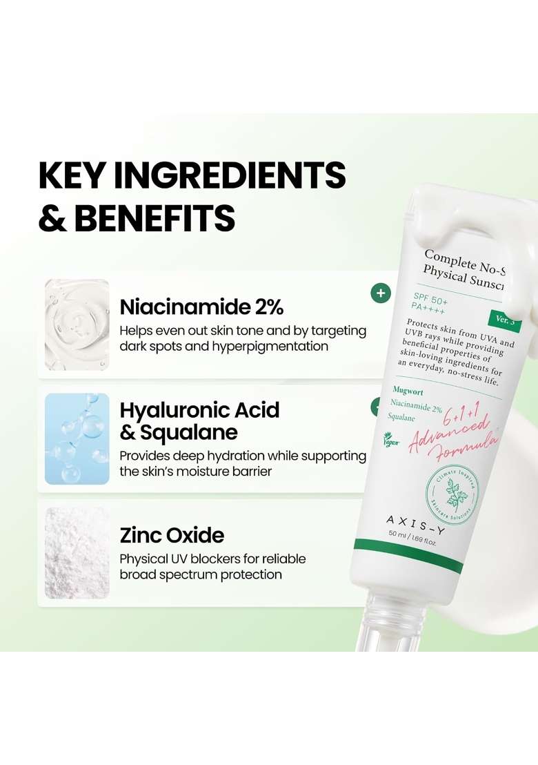 AXIS Y White Complete No Stress Physical Sunscreen V3 SPF 50 Mineral Sunscreen with 2 Percent Niacinamide - Indya