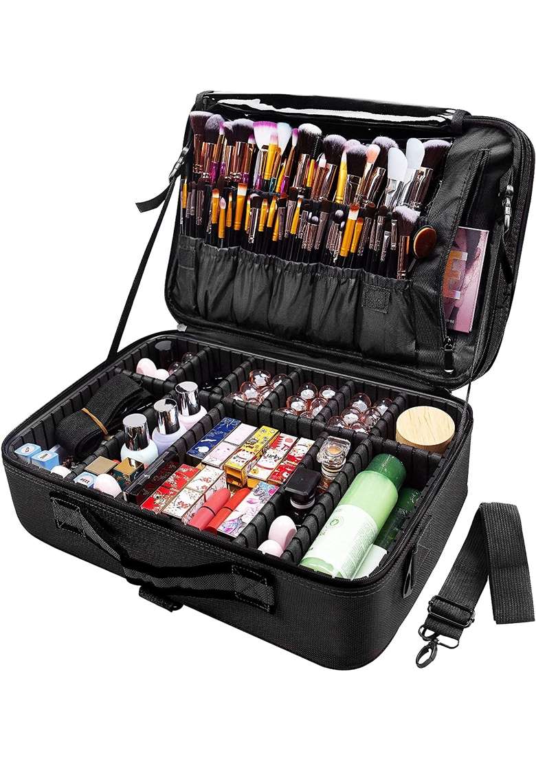 Adson Large Makeup Bag 3 Layers Professional Train Nylon Cosmetic Bag Makeup Organizer Case Portable Artist - Indya