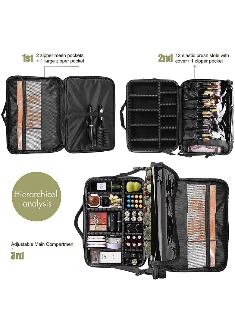 Adson Large Makeup Bag 3 Layers Professional Train Nylon Cosmetic Bag Makeup Organizer Case Portable Artist - Indya