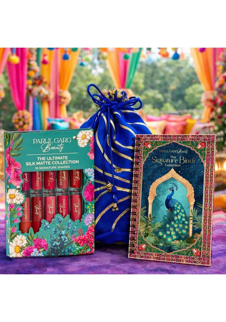 Parul Garg Beauty All Time Favourites Gift Pack Bindi Book 10 Mini Lipstick Pack and Blue Potli - Indya
