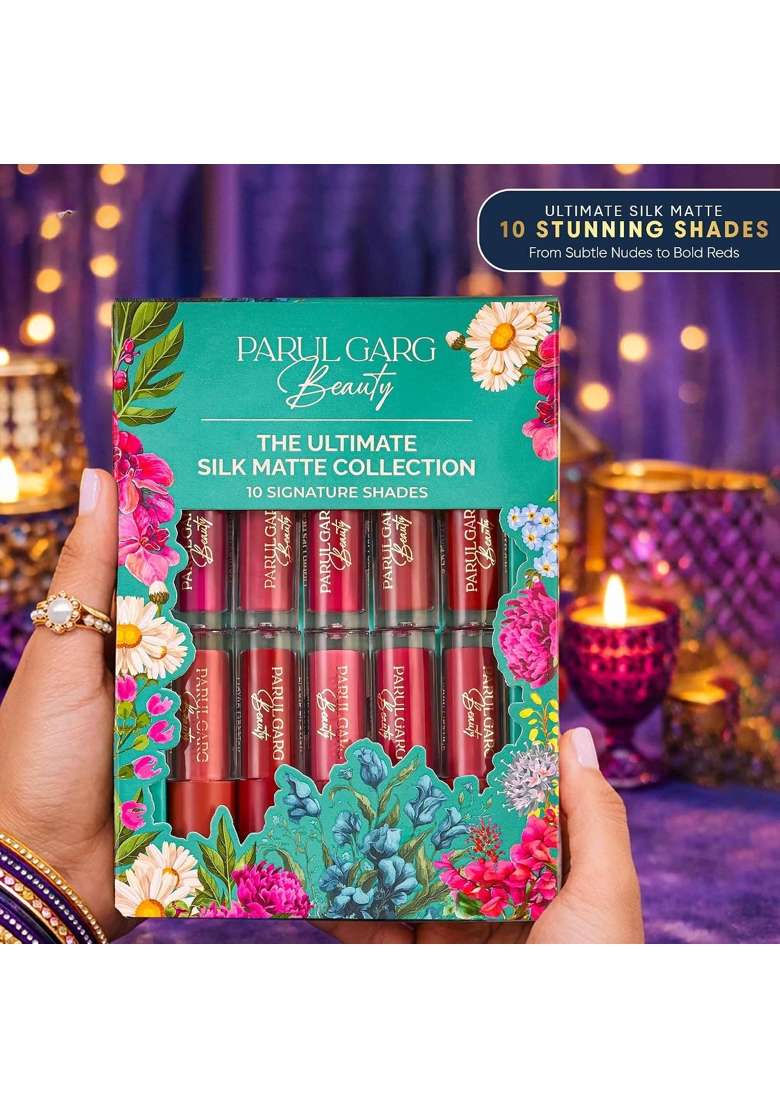 Parul Garg Beauty All Time Favourites Gift Pack Bindi Book 10 Mini Lipstick Pack and Blue Potli - Indya