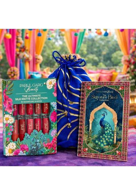 Parul Garg Beauty All Time Favourites Gift Pack Bindi Book 10 Mini Lipstick Pack and Blue Potli