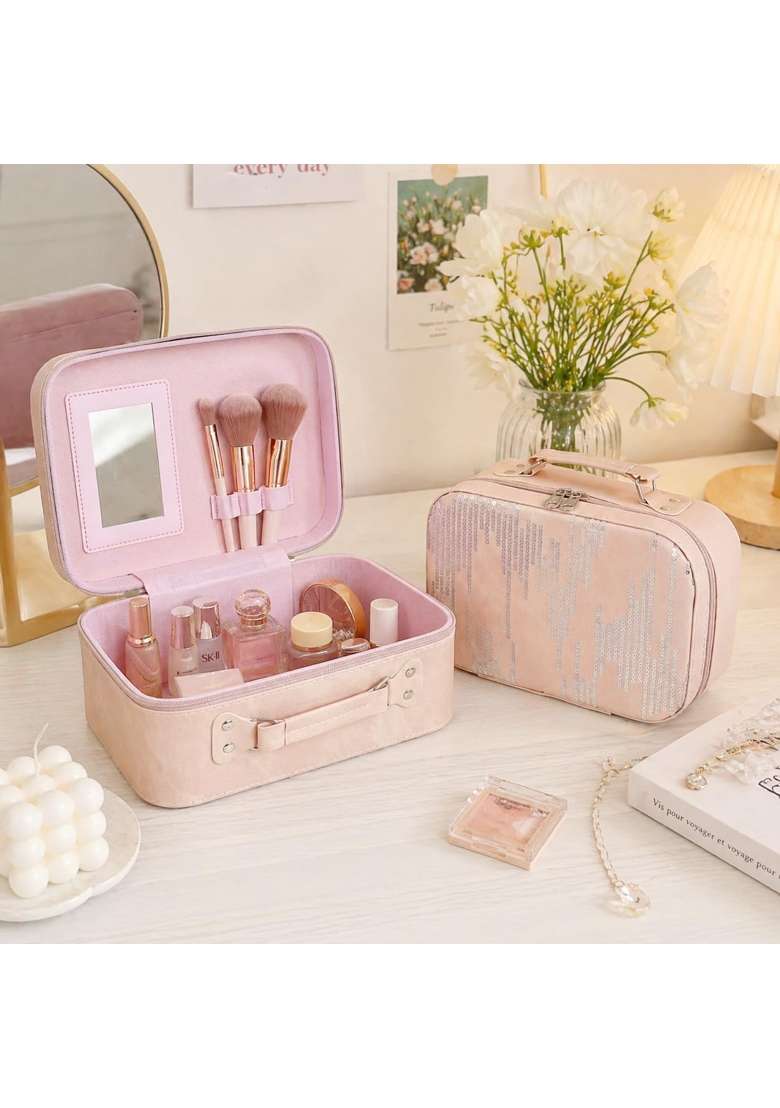 NFI Essentials Peach Printed Makeup Box Cosmetic Box Jewellery Bridal Box Trousseau Box Vanity Set of 2 - Indya