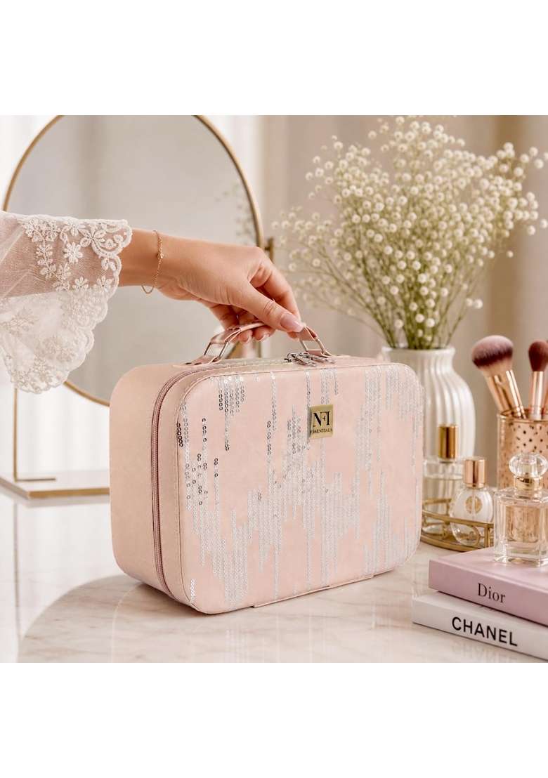NFI Essentials Peach Printed Makeup Box Cosmetic Box Jewellery Bridal Box Trousseau Box Vanity Set of 2 - Indya