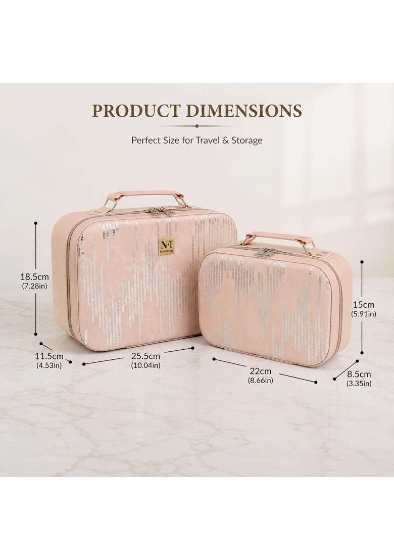 NFI Essentials Peach Printed Makeup Box Cosmetic Box Jewellery Bridal Box Trousseau Box Vanity Set of 2 - Indya