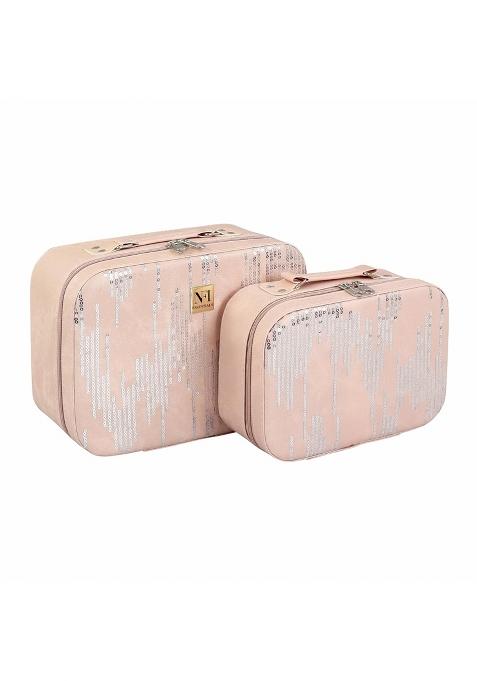 NFI Essentials Peach Printed Makeup Box Cosmetic Box Jewellery Bridal Box Trousseau Box Vanity Set of 2