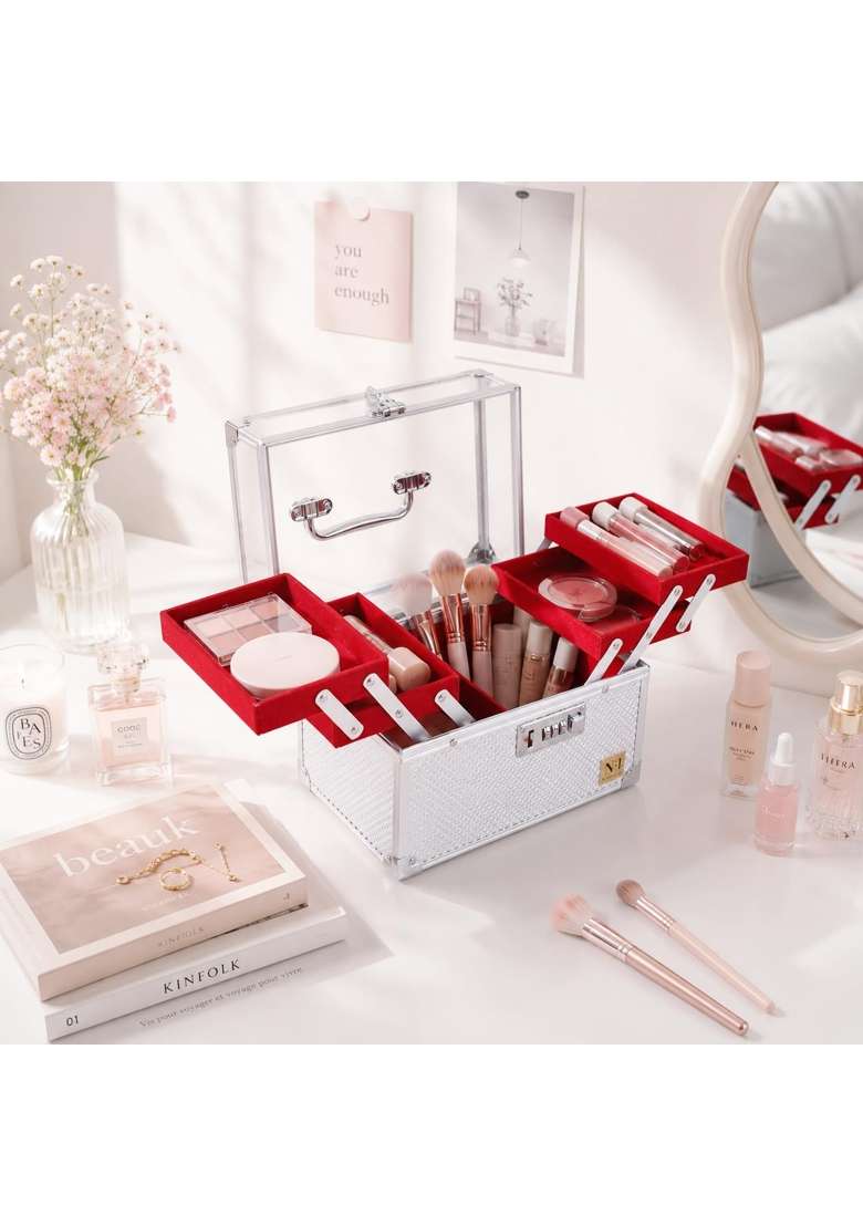 NFI Essentials Silver Makeup Organizer Box for Women Bridal Makeup Case for Jewellery - Indya