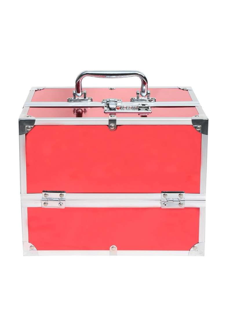 Adson Professional Beauty Makeup Box Cosmetic Vanity Box Case 4 Trays with Mirror Diamond Cut Red - Indya