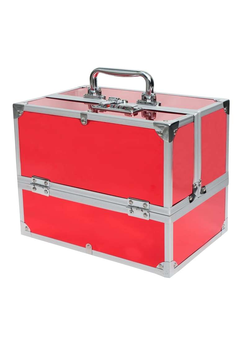 Adson Professional Beauty Makeup Box Cosmetic Vanity Box Case 4 Trays with Mirror Diamond Cut Red - Indya