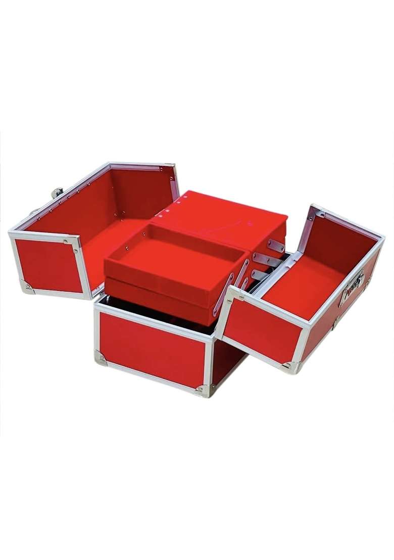 Adson Professional Beauty Makeup Box Cosmetic Vanity Box Case 4 Trays with Mirror Diamond Cut Red - Indya
