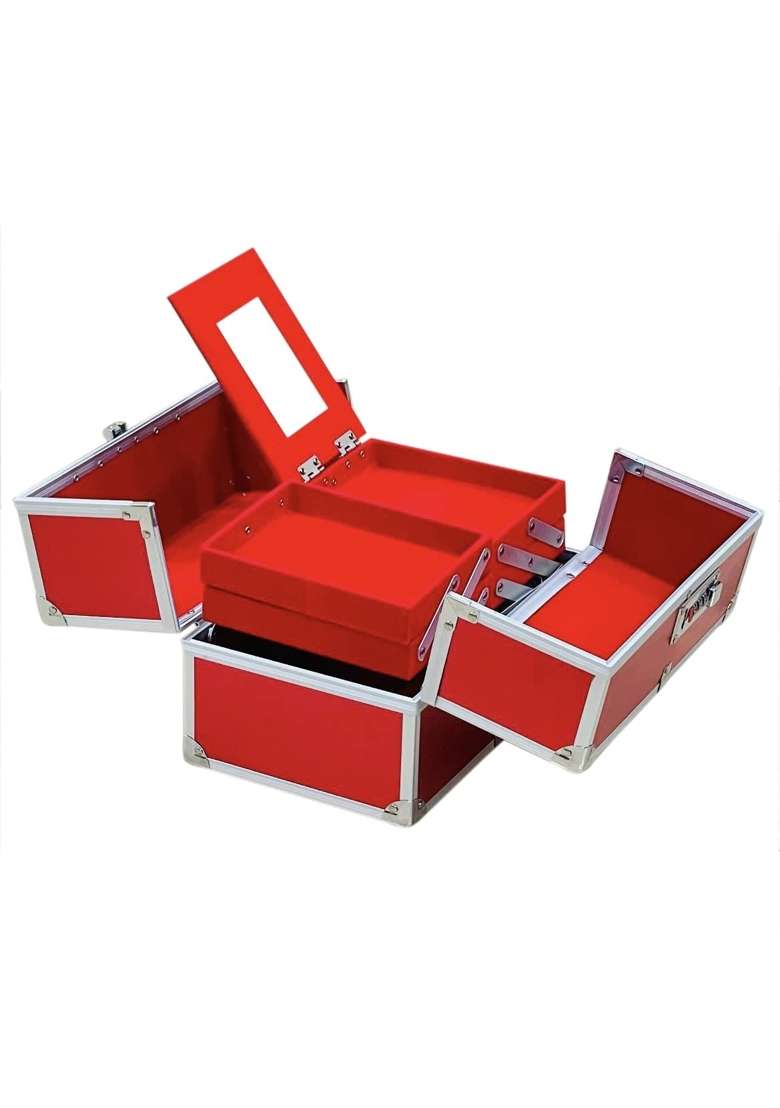Adson Professional Beauty Makeup Box Cosmetic Vanity Box Case 4 Trays with Mirror Diamond Cut Red - Indya