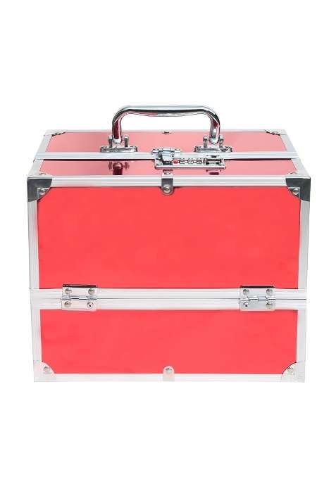 Adson Professional Beauty Makeup Box Cosmetic Vanity Box Case 4 Trays with Mirror Diamond Cut Red