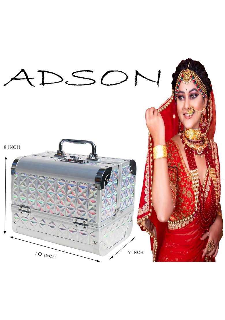 Adson Professional Beauty Makeup Cosmetic Vanity Case Box Silver - Indya