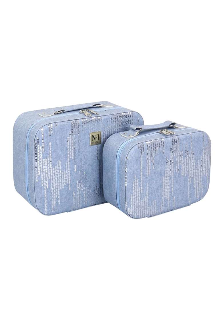 NFI Essentials Blue Printed Makeup Box Cosmetic Box Jewellery Bridal Box Trousseau Box Vanity Beauty Set of 2 - Indya