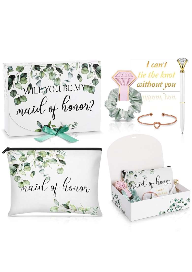 Gersoniel 7 Maid of Honor Proposal Gifts Set Will You Be My Maid of Honor Box Bridesmaid Makeup Bag Scrunchie - Indya