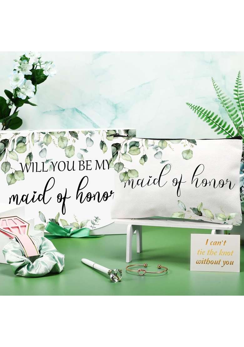 Gersoniel 7 Maid of Honor Proposal Gifts Set Will You Be My Maid of Honor Box Bridesmaid Makeup Bag Scrunchie - Indya