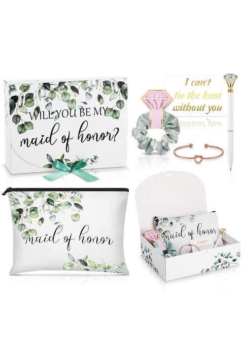 Gersoniel 7 Maid of Honor Proposal Gifts Set Will You Be My Maid of Honor Box Bridesmaid Makeup Bag Scrunchie