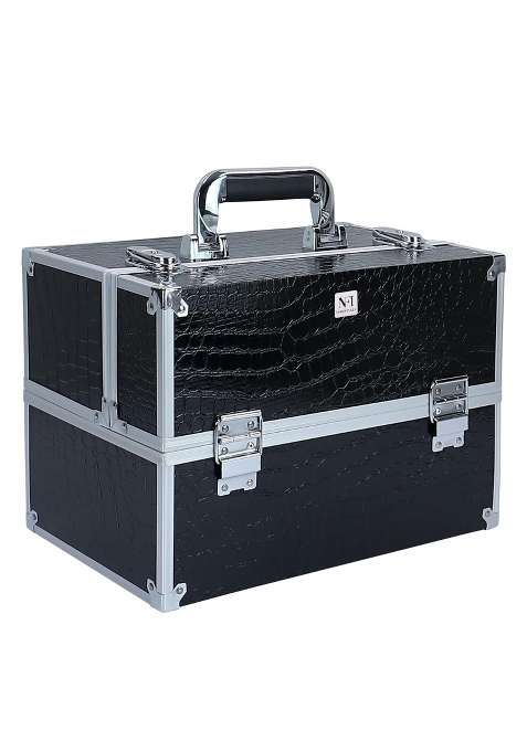 NFI Essentials Black Makeup Organizer Box Cosmetic Storage Case for Women Girls Vanity Kit Bag for Bride