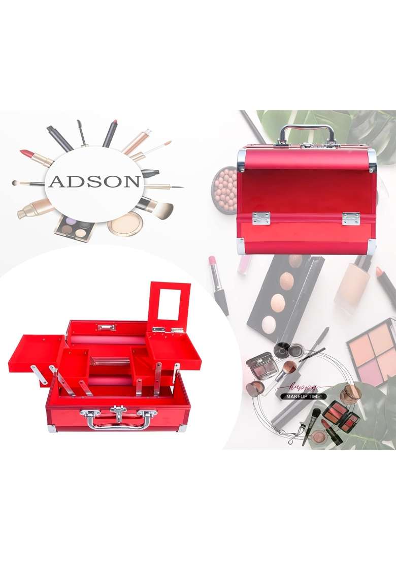 Adson Professional Beauty Makeup Cosmetic Vanity Case Box with Mirror Glossy Red - Indya