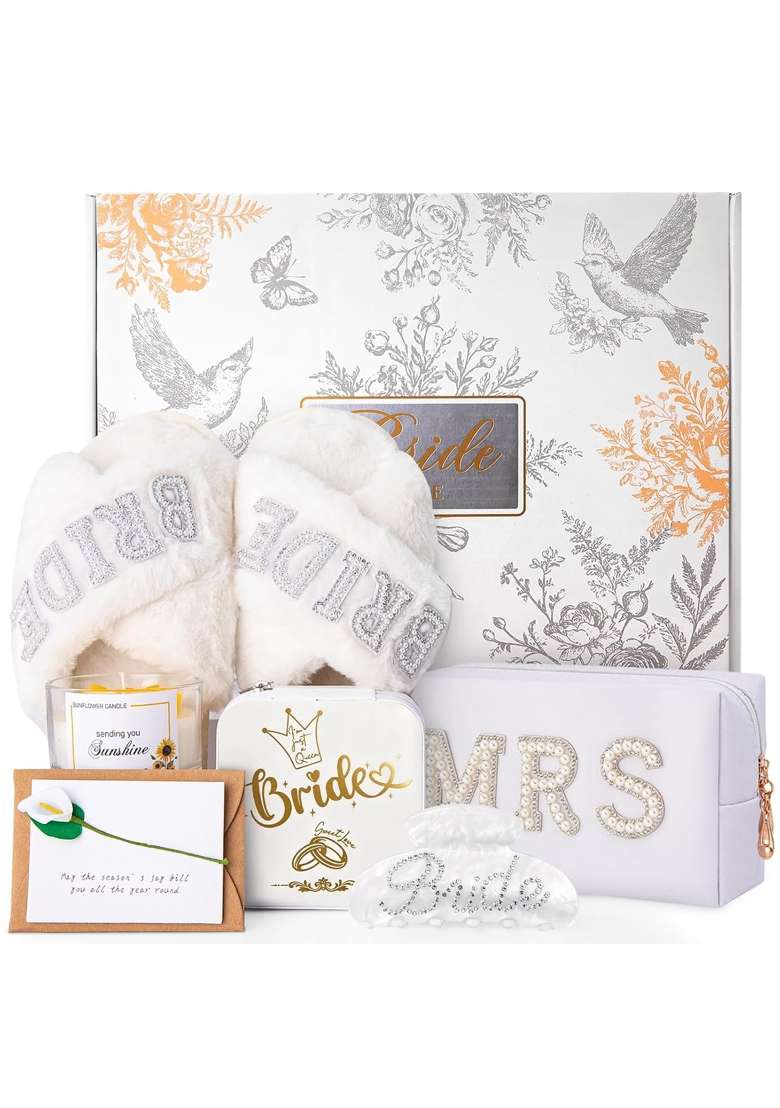 Doublewhale White Bridal Shower Gifts Bride to Be Gifts Bride Slippers Mrs Jewelry Box Bride Hair Clip Scented - Indya