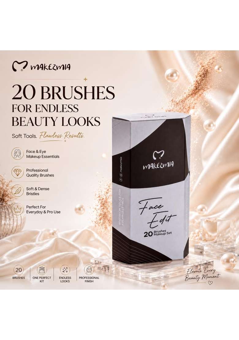 Makezmia Brown Face Edit 20 Brushes Makeup Set Kit for Foundation Concealer Highlighter and Blending - Indya