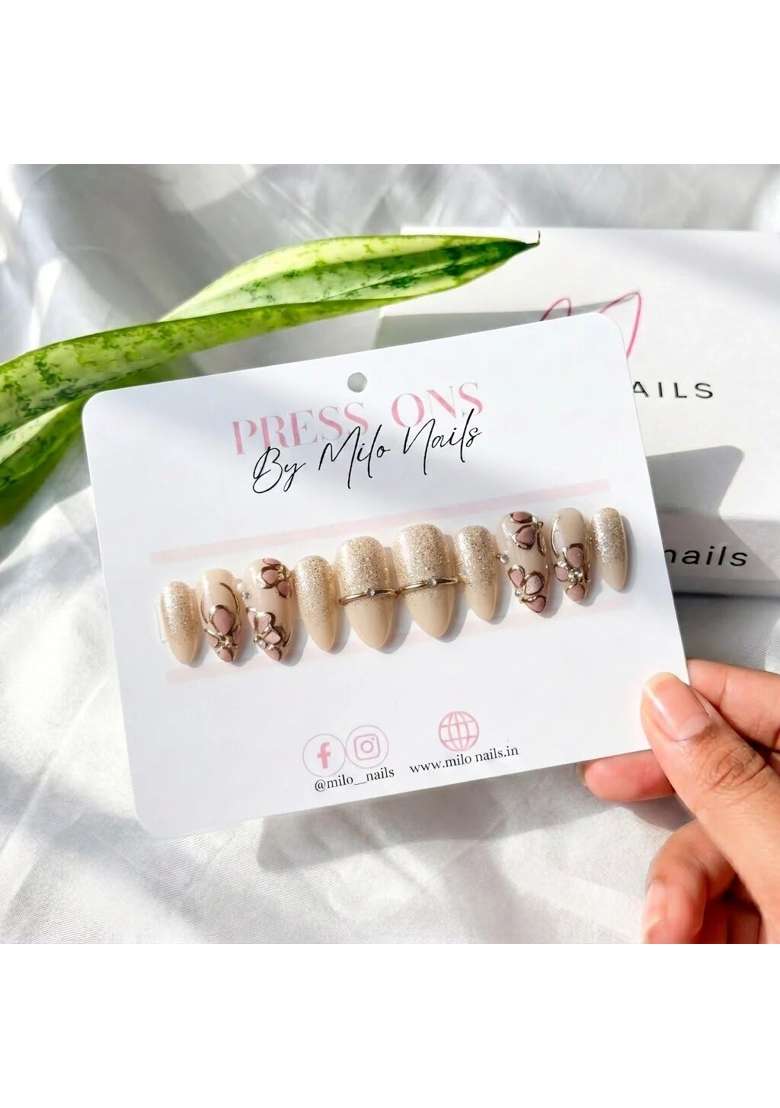 MILO Nails Ivory Chrome and Flower Press on Nails Handmade Custom Reusable Gel Nails Set of 10 - Indya