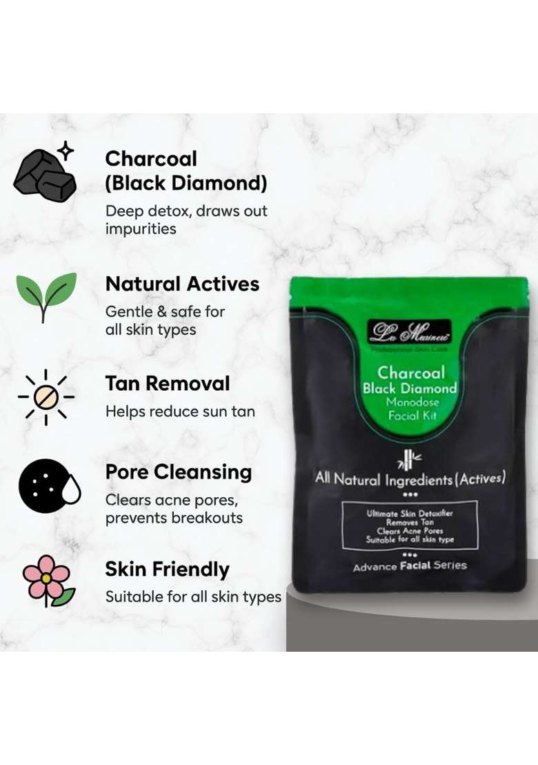 La Marinere Charcoal Black Diamond Facial Kit for Men and Women Reduce Blackheads and Pimple Pack of 5 - Indya