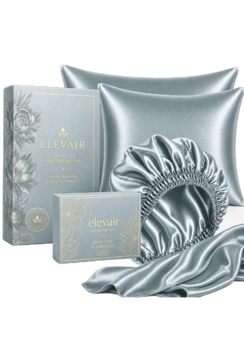 Elevair Silk Pillowcase and Bonnet Set for Hair and Skin Anti Frizz Anti Wrinkle Beauty Sleep Kit for Women
