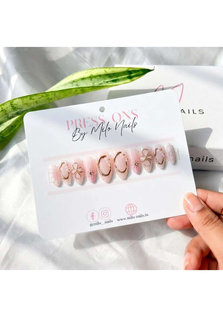 MILO Nails Pink 3D Flower Chrome Press on Nails Handmade Custom Reusable Gel Nails Set of 10 - Indya