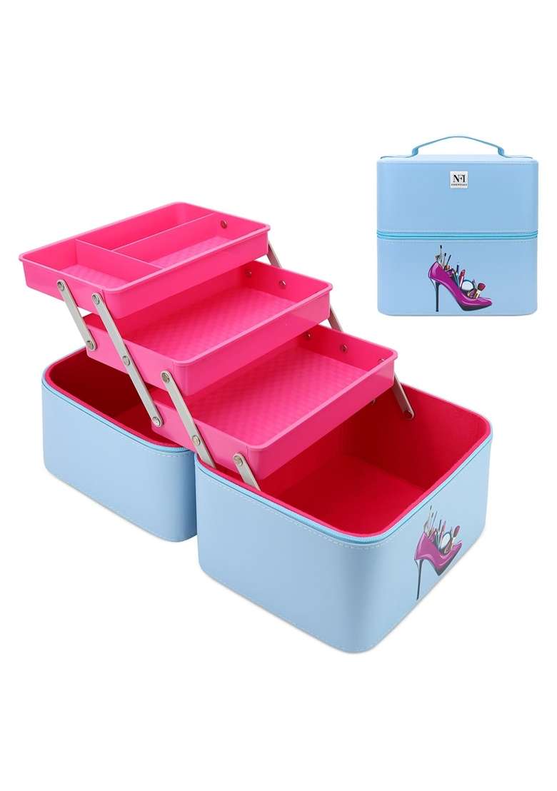 NFI Essentials Blue 3 Layer Large Capacity Travel Makeup Box Vanity Organiser Case - Indya