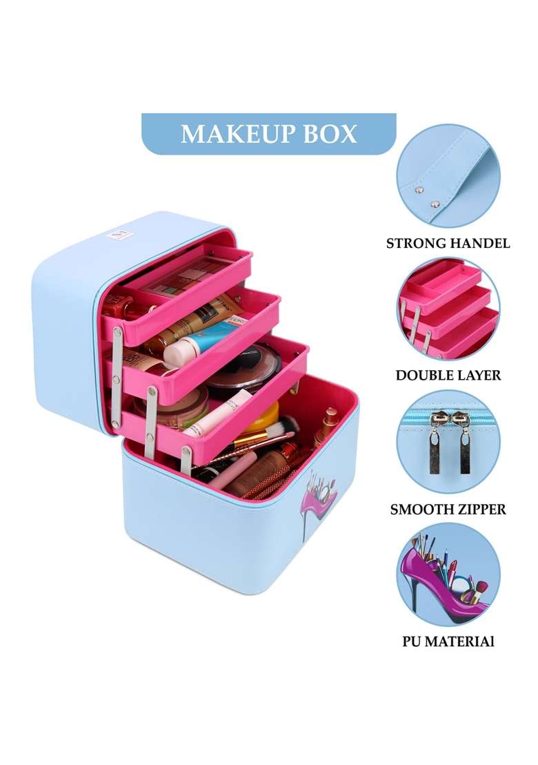 NFI Essentials Blue 3 Layer Large Capacity Travel Makeup Box Vanity Organiser Case - Indya