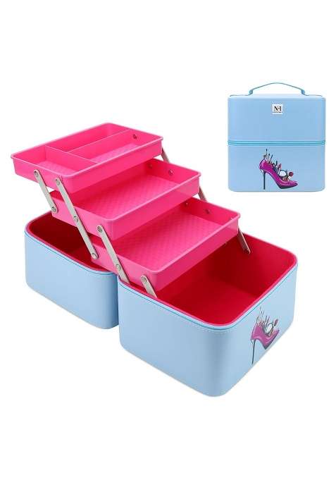 NFI Essentials Blue 3 Layer Large Capacity Travel Makeup Box Vanity Organiser Case