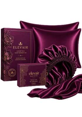 Elevair Silk Bonnet and Pillowcover Set for Hair and Skin Anti Frizz Anti Wrinkle Beauty Sleep Kit for Women