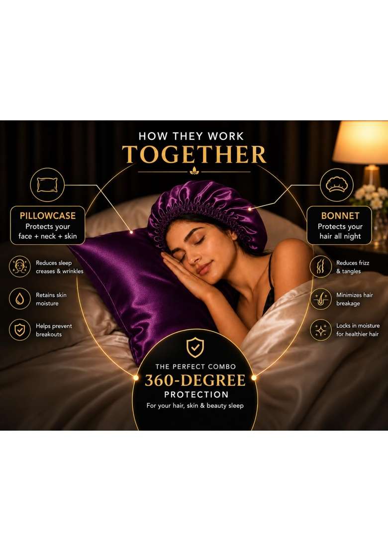 Elevair Silk Bonnet and Pillowcover Set for Hair and Skin Anti Frizz Anti Wrinkle Beauty Sleep Kit for Women - Indya