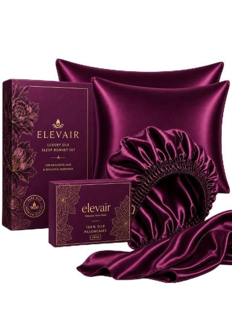 Elevair Silk Bonnet and Pillowcover Set for Hair and Skin Anti Frizz Anti Wrinkle Beauty Sleep Kit for Women