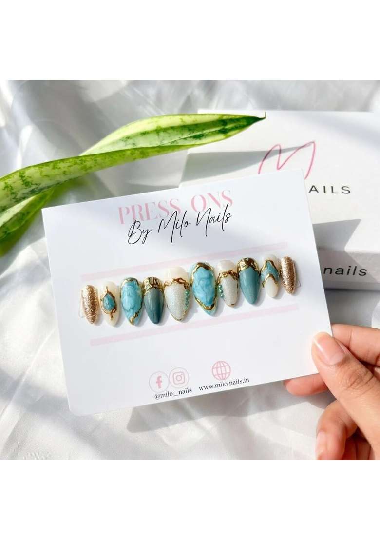 MILO Nails Turquoise Elegant Press on Nails Handmade Custom Reusable Gel Nails Set of 10 - Indya