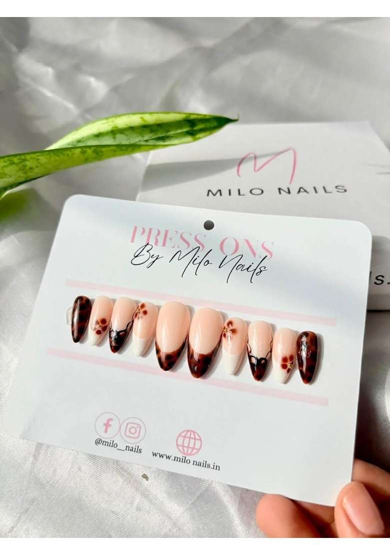 MILO Nails Printed French Flower Press on Nails Handmade Custom Reusable Gel Nails Set of 10 - Indya
