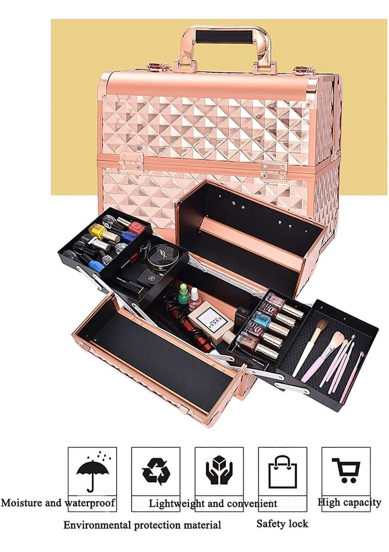Adson Professional Beauty Makeup Cosmetic Vanity Case Box with 4 Extended Trays Makeup Vanity Makeup Organiser - Indya