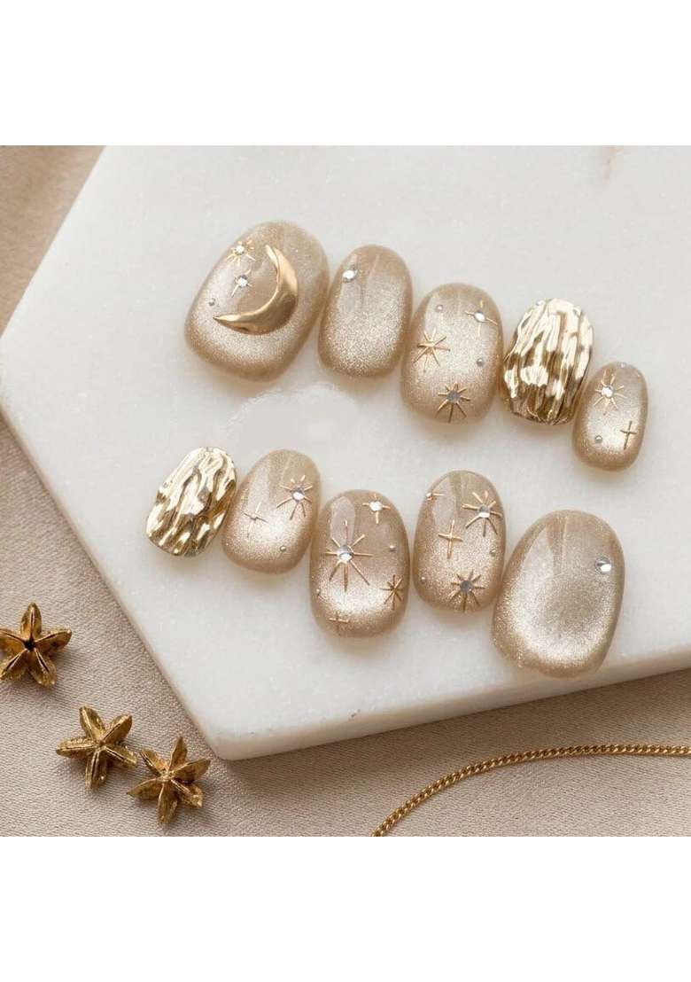 MILO Nails Nude Cat Eye Chrome Press on Nails Handmade Custom Reusable Gel Nails Set of 10 - Indya