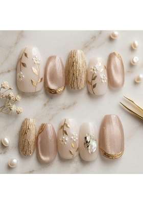 MILO Nails Ivory Flower Cat Eye Press on Nails Handmade Custom Reusable Gel Nails Set of 10