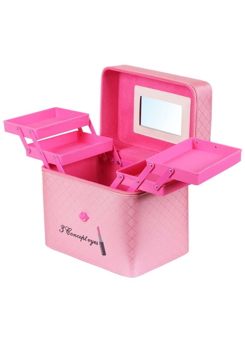 Ronteno Leather 18 Cms Makeup Vanity Box and Cosmetic Travel Bag for Women and Ladies with Mirror Pink - Indya