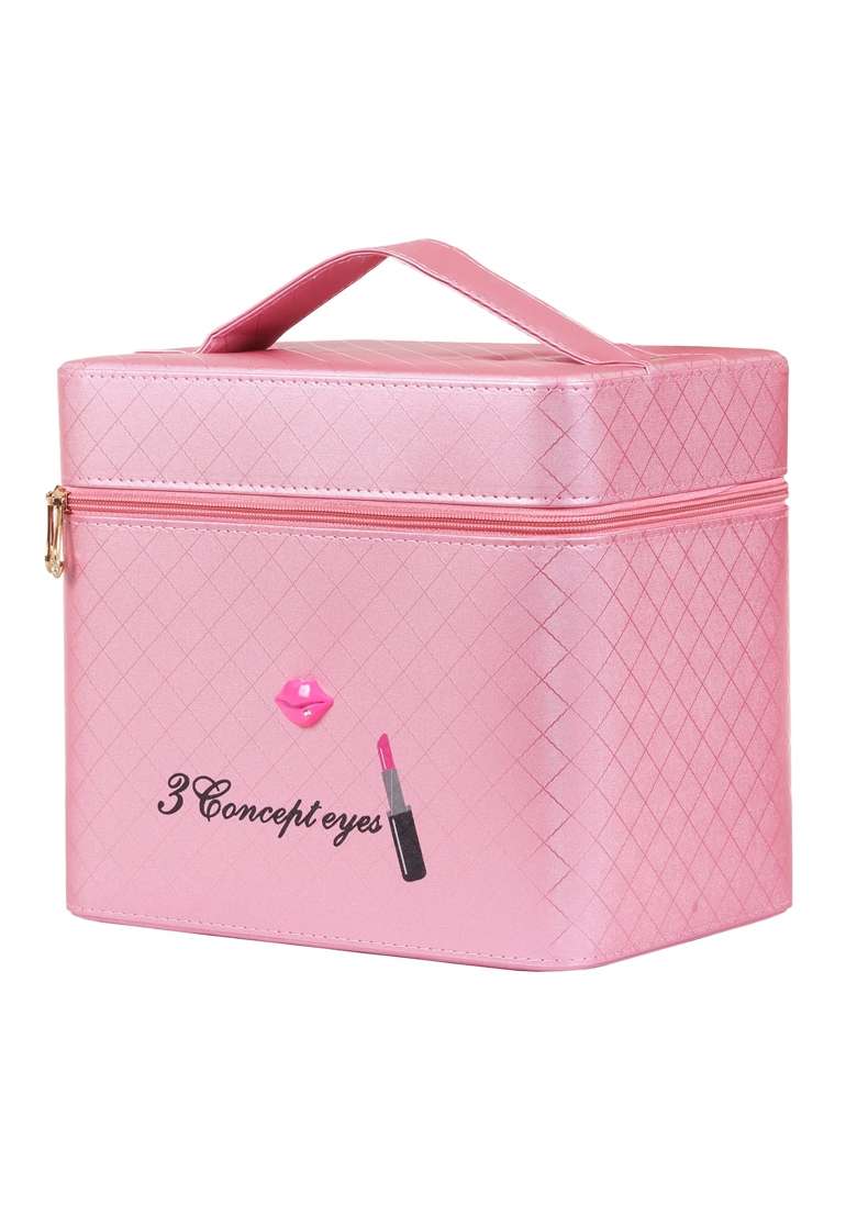 Ronteno Leather 18 Cms Makeup Vanity Box and Cosmetic Travel Bag for Women and Ladies with Mirror Pink - Indya