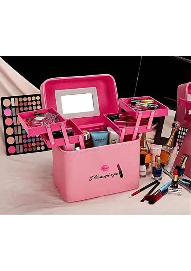 Ronteno Leather 18 Cms Makeup Vanity Box and Cosmetic Travel Bag for Women and Ladies with Mirror Pink - Indya